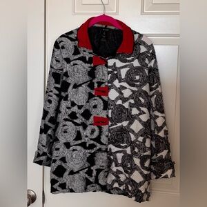 Ali Miles Black & White Floral Toggle Jacket with Red Trim